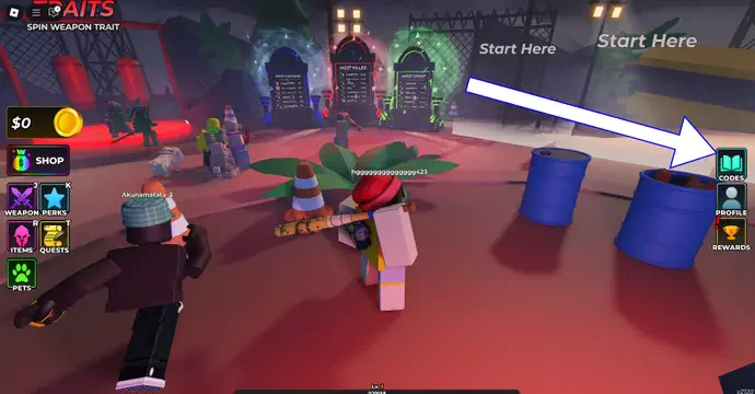 Hunty Zombie codes redemption tutorial step 1 - game lobby interface showing green CODES button location for free rewards